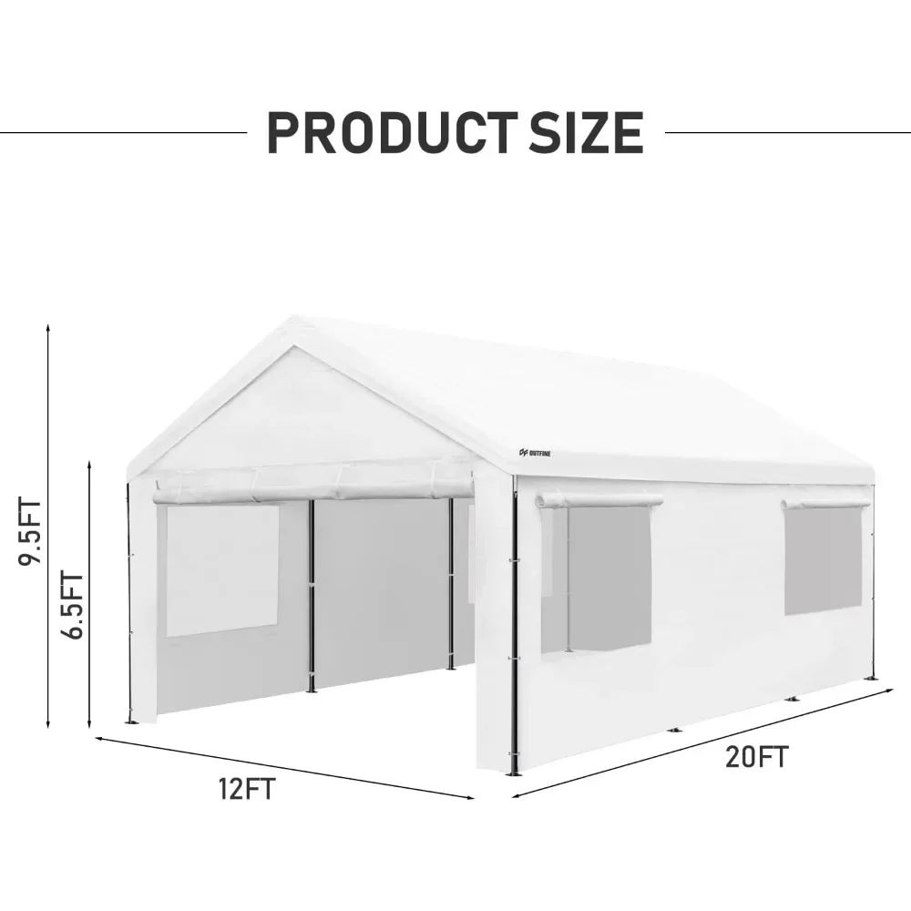 Carport Canopy 12x20 FT Heavy Duty Boat Car Canopy Garage with Removable Sidewalls and Roll-up Ventilated Windows (White)