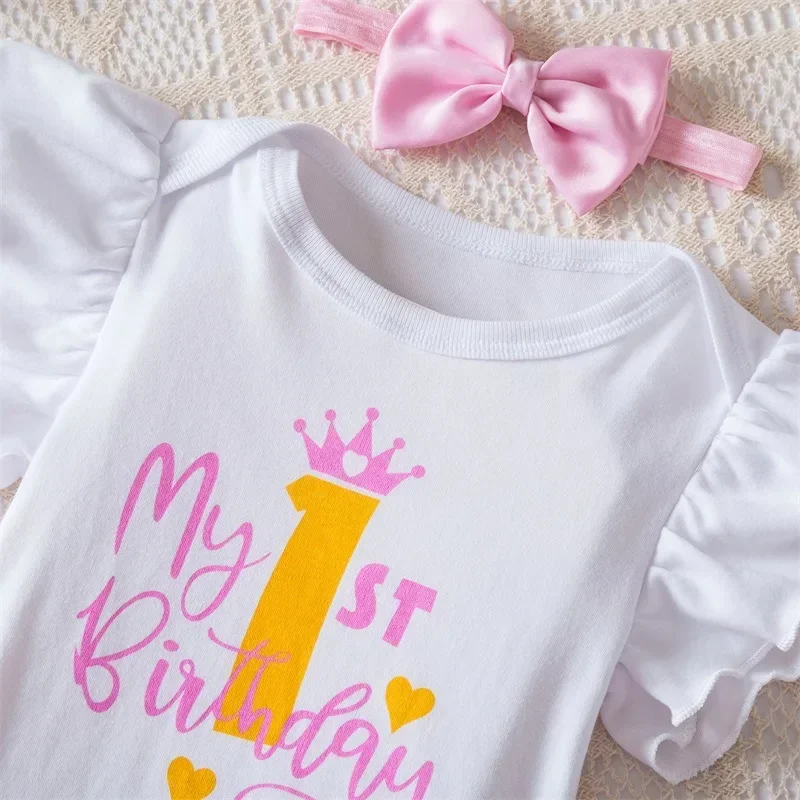 My 1st Birthday Print Baby Romper Infant Bodysuit Newborn Short Princess Sleeve Jumpsuit Baby Girl Birthday Party Outfit Clothes