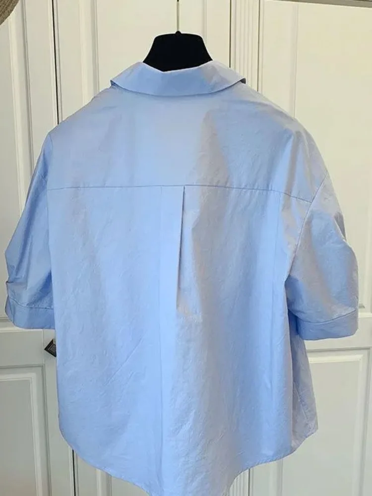 Women Pocket Blouse Chic High Street Tops Korean Vintage Turn-down Collar Loose Solid Blusas Mujer Short Sleeve Oversized Shirt