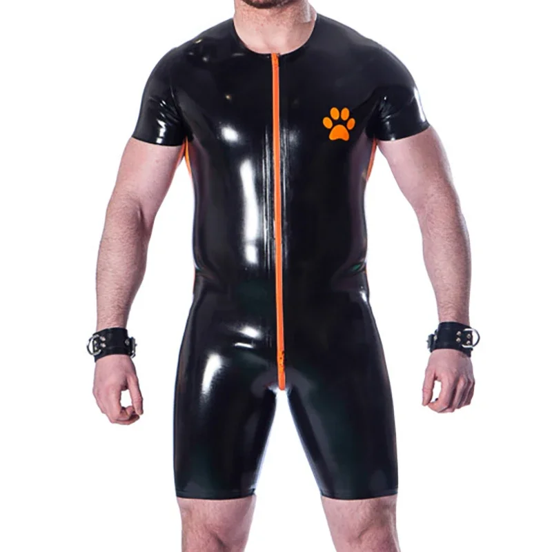 

Cosplay Latex Surfsuit With Zipper Stripes Puppy Rubber Catsuit Dog Uniform Bodysuit Zentai Overall