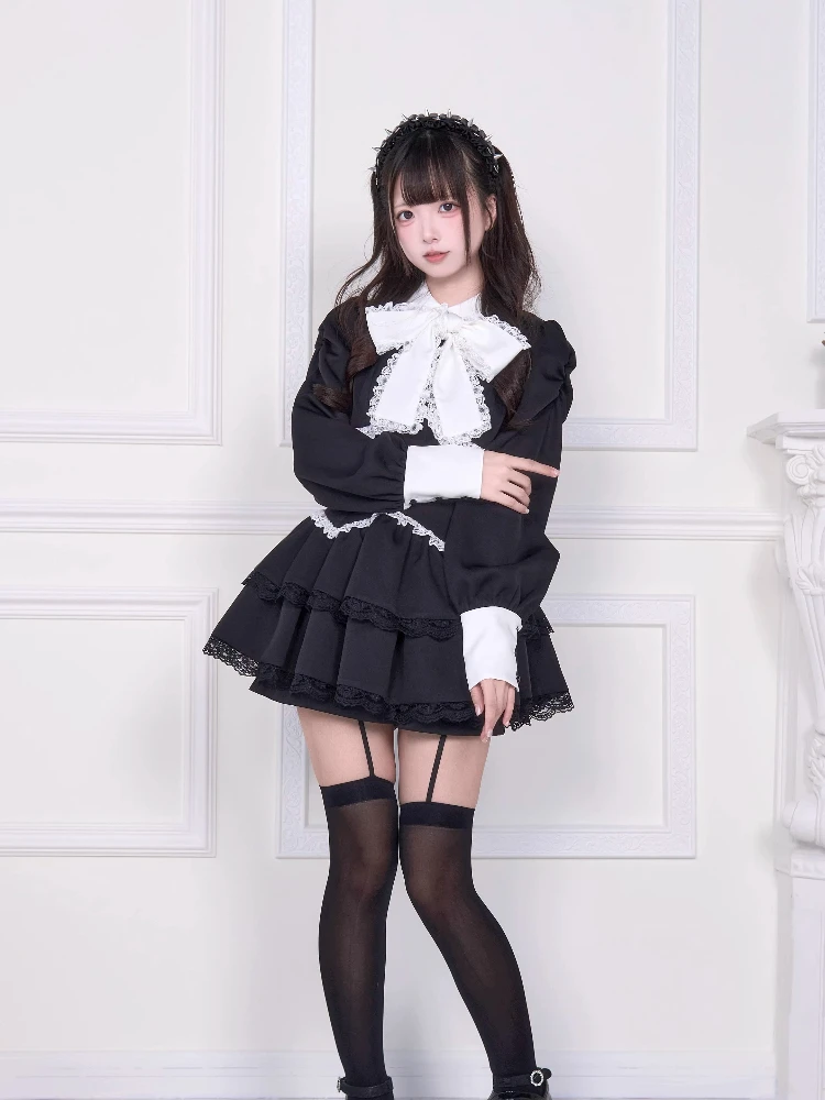Japanese Style Mass-Produced Subculture Lace-Up Bow Long Sleeve Mini Dress High-Waisted Shorts Two-Piece Set for Women Autumn