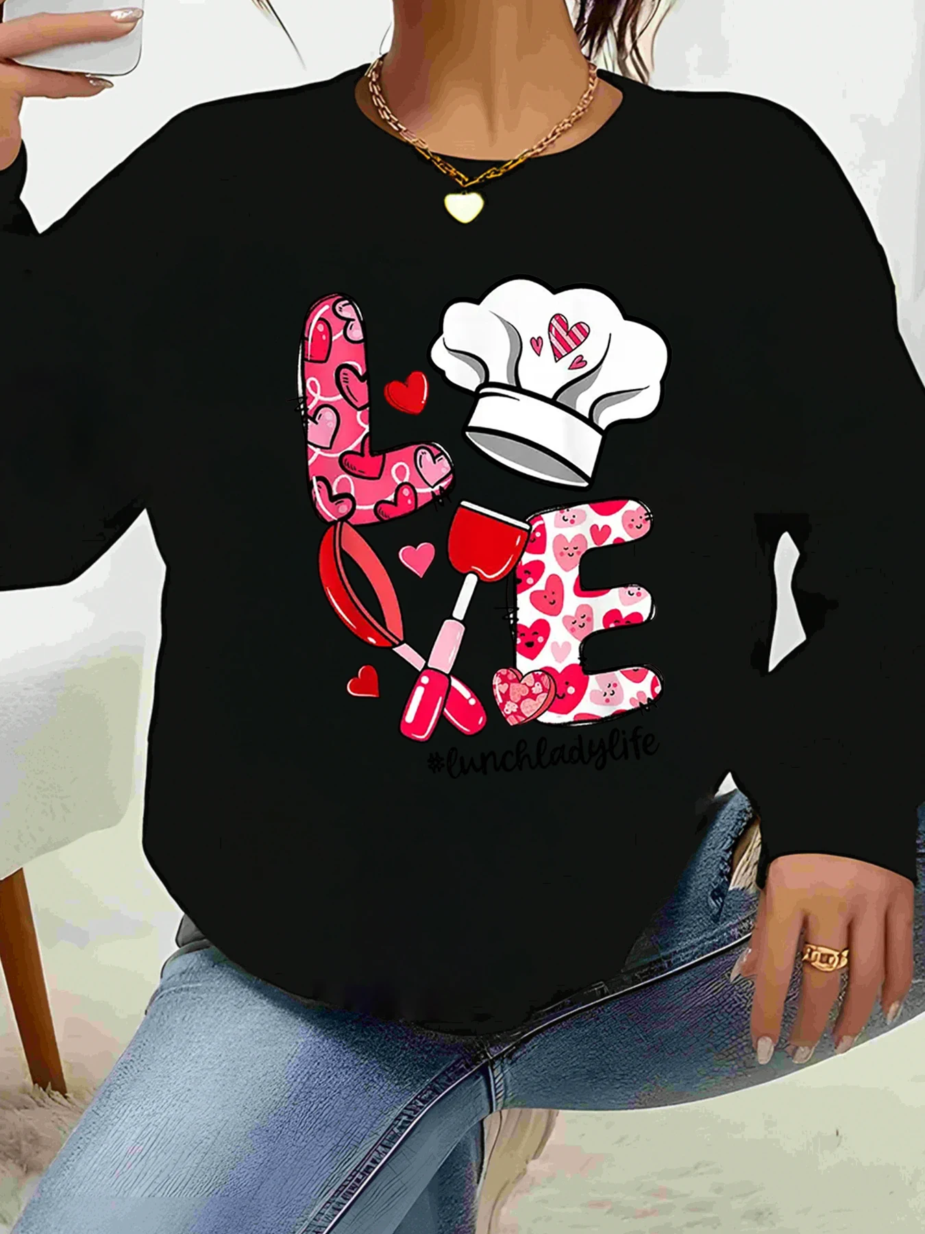 

Love Chef Hat Толстовка с принтом сердечек Повседневная одежда на День святого Валентина Женская мода