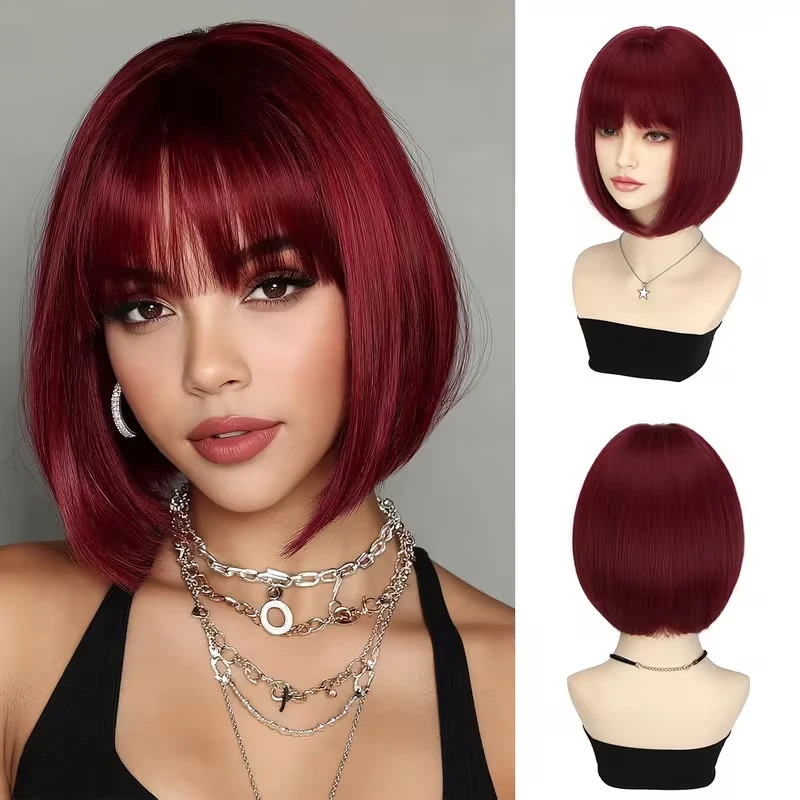 Burgundy bob with bangs, realistic short straight hair full wig