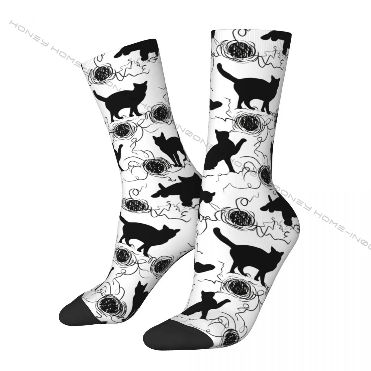 Funny Men's Socks Black Kittens Vintage Harajuku Cat Meow Street Style Casual Crew Crazy Sock Gift Pattern Printed