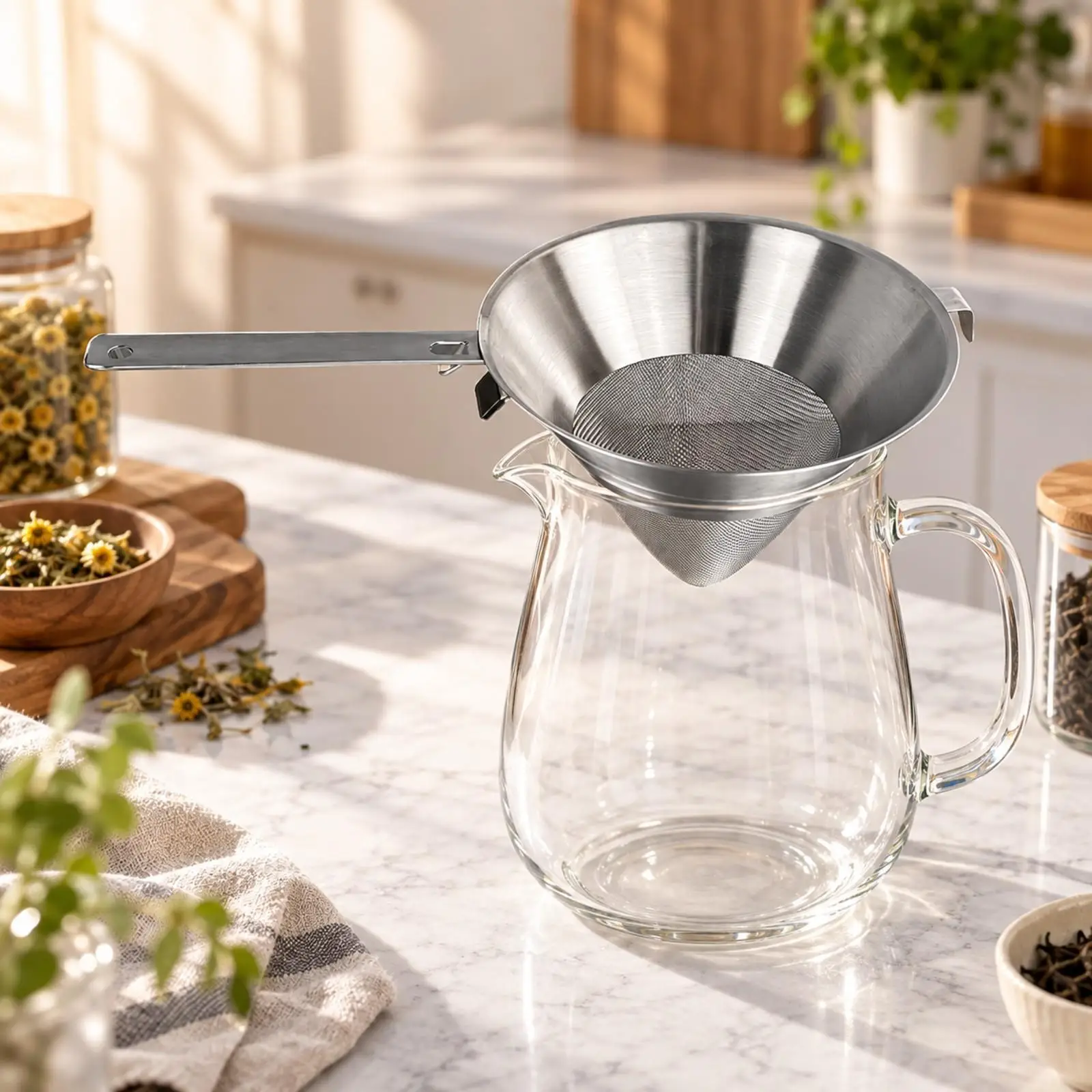 Polished Stainless Steel Funnel Strainer with Handle Fine Mesh Cone for Tea Leaves and Food Particles Filtering