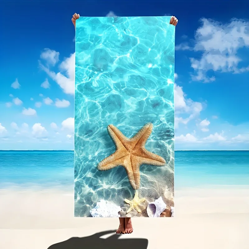 Turquoise Seawater Starfish Conch Shell Beach Towel Quick Dry Soft Towel Lightweight for Swimming Vacation Beach Summer Holiday