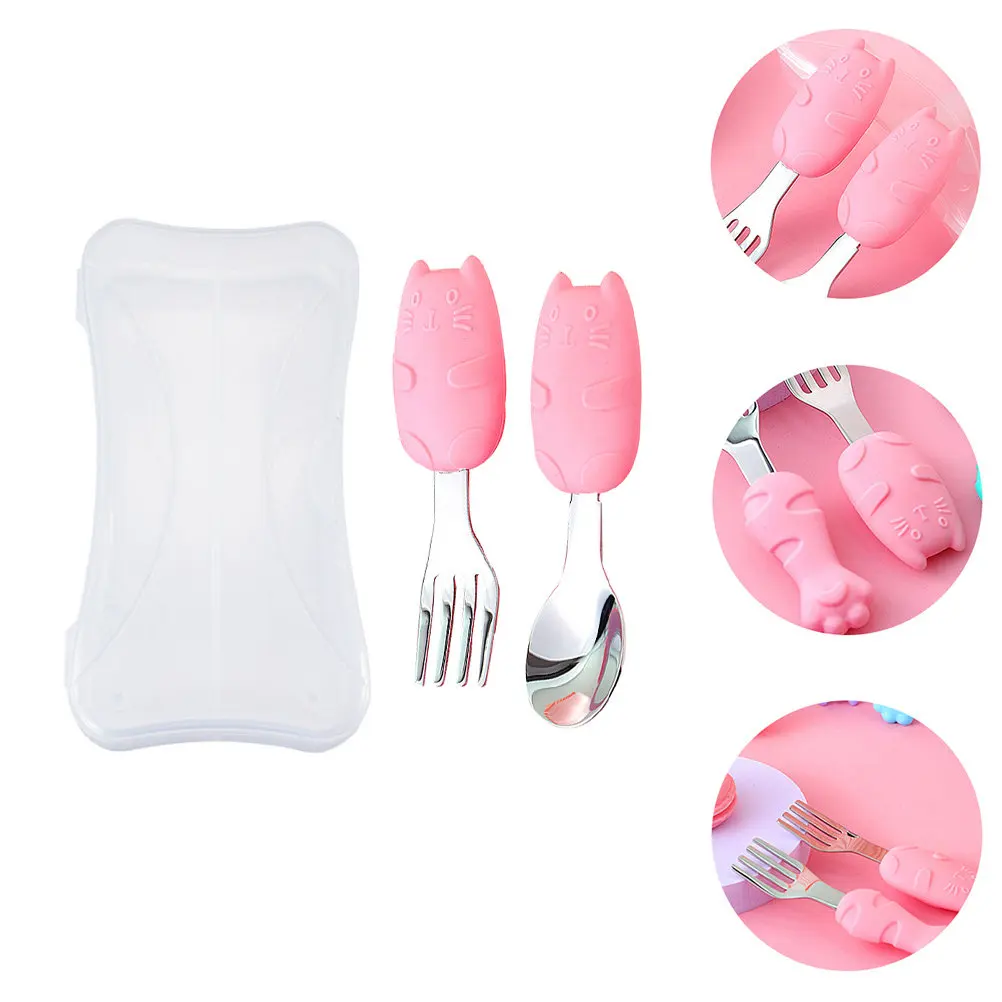 

1Set Kids Training Tableware Children's Fork and Spoon Set Cartoon Baby Training Spoon Fork Box Pink Safe Comfortable Short