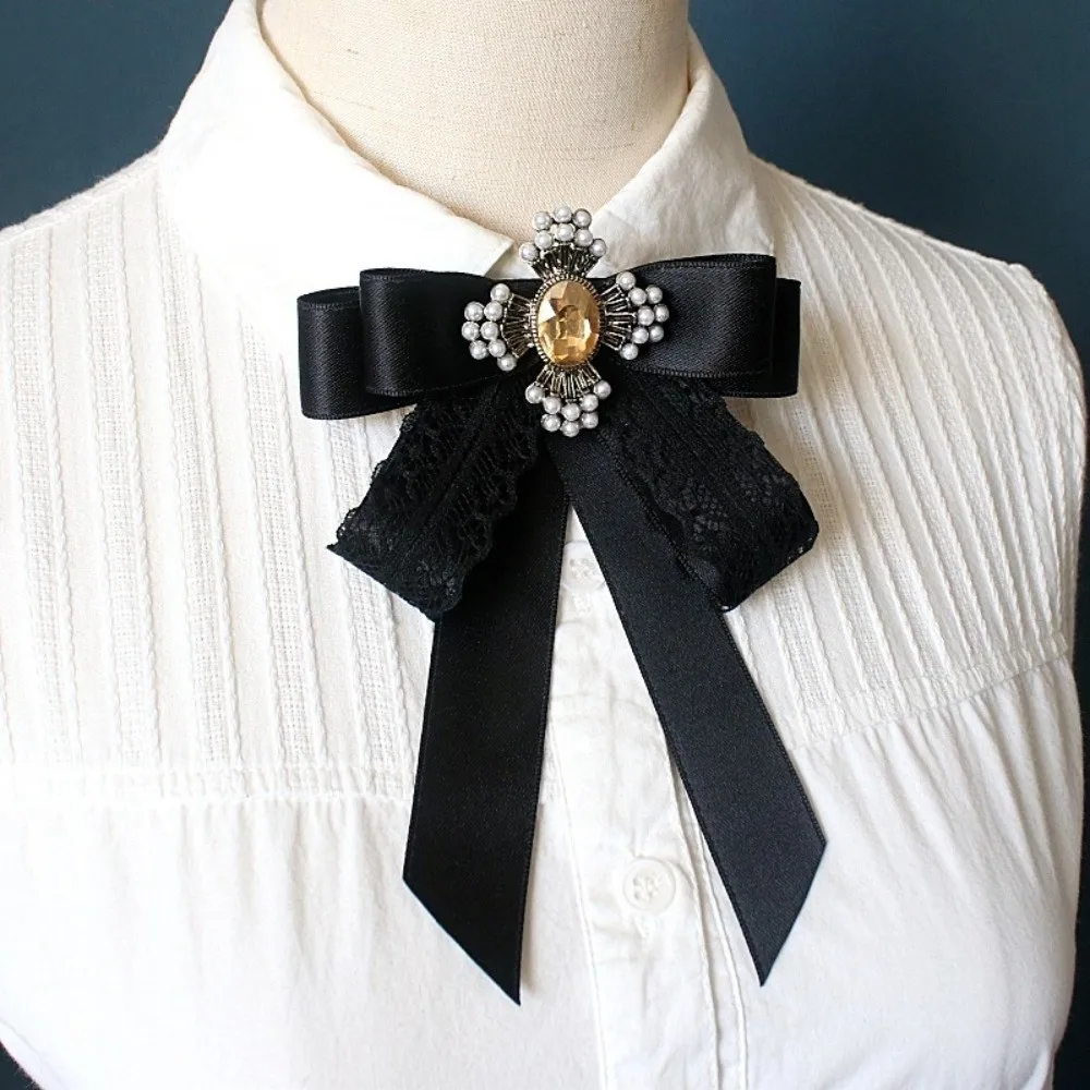 حجر الراين كريستال الشريط القوس بروش البوليستر خمر النسيج Bowknot بروش تذكارية قميص أسود طوق دبوس #2