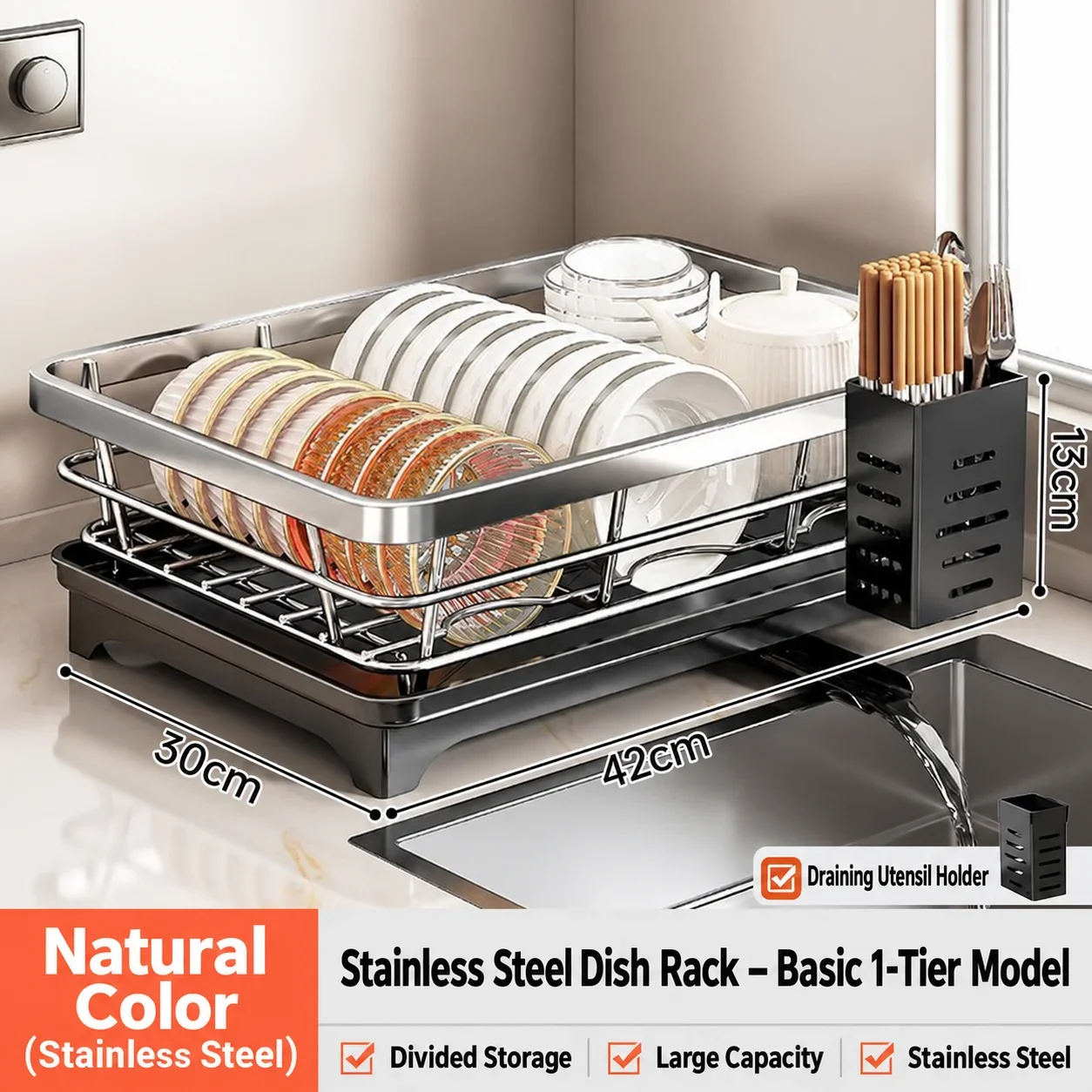 Stainless Steel Dish Drying Rack, Dish Rack, Plate Rack with Drain Tray, Knife Holder, Countertop Organizer for Bowls & Utensils 6