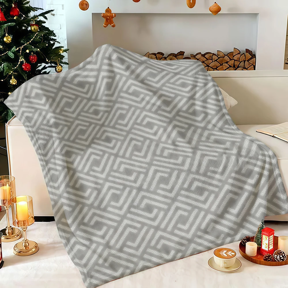 Grey Geometric Greek Key Flannel Blanket Soft Fuzzy Plush Cozy Lightweight Throw for Sofa Bed Couch Home Decor