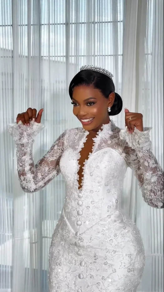 Luxury Mermaid Wedding Dresses For Black Women High Neck Lace Sleeve Appliques Beaded Bridal Dress Vestidos De Novia Customized