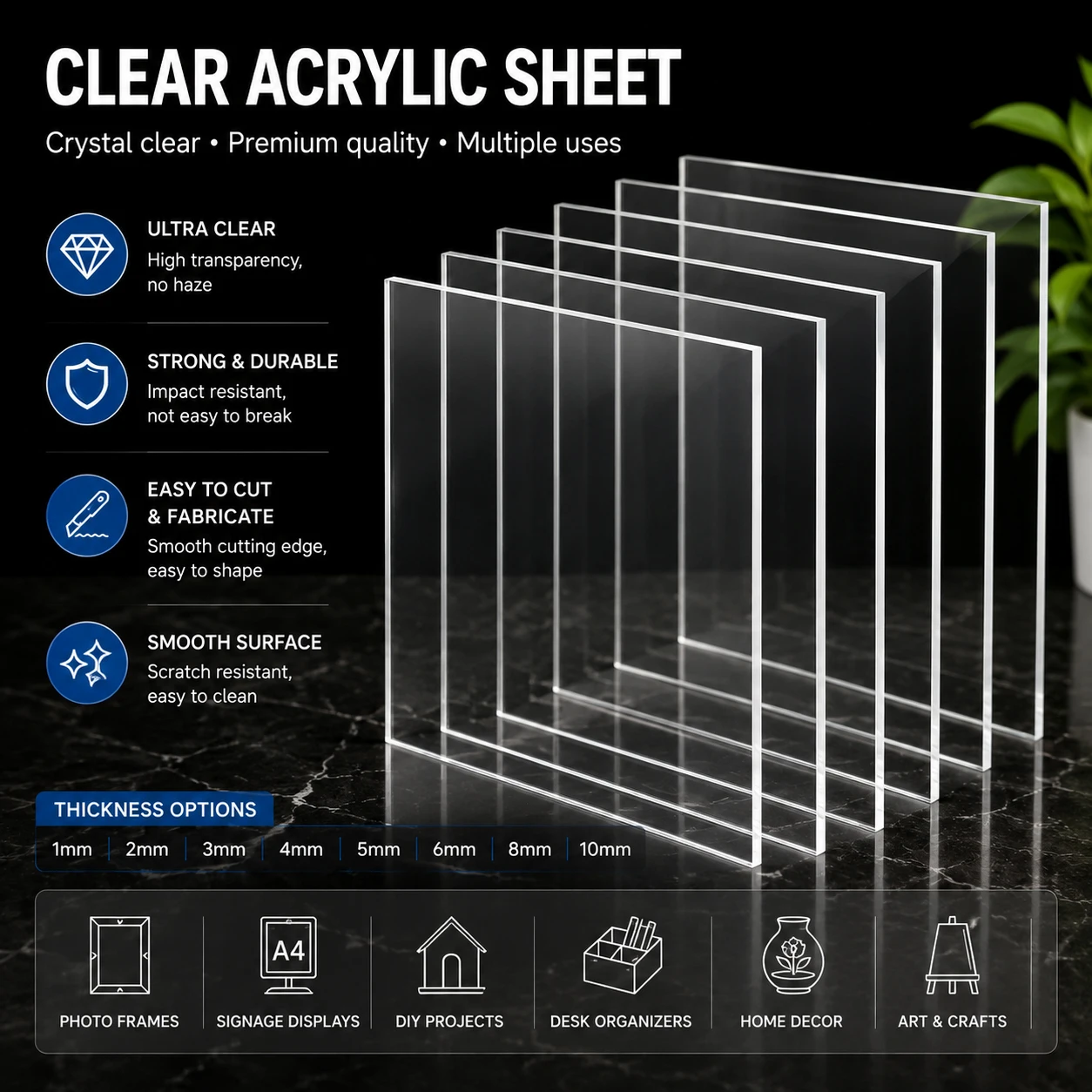 1-10Pcs Clear Acrylic Sheet Transparents, Cast Plastic Glass for Signage, Crafts, Photo Frames & DIY Display