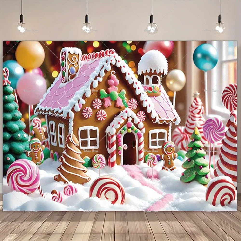 Snowy Gingerbread House Photography Background Glitter Xmas Tree Lantern Gift Backdrop Booth Kid Winter Birthday Portrait Studio