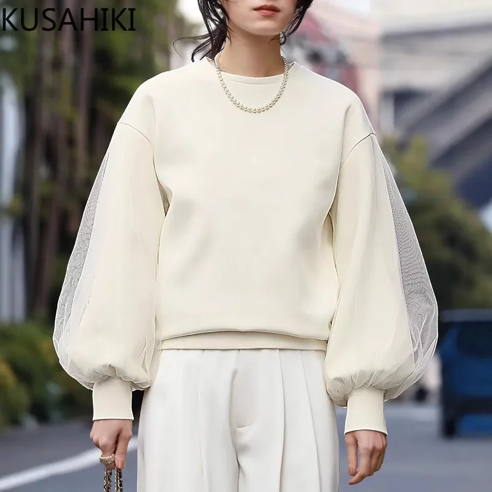 KUSAHIKI 2024 New Mesh Patchwork Sleeve Hoodie Causal Round Neck Women Pullover Sweatshirt Top Moletom