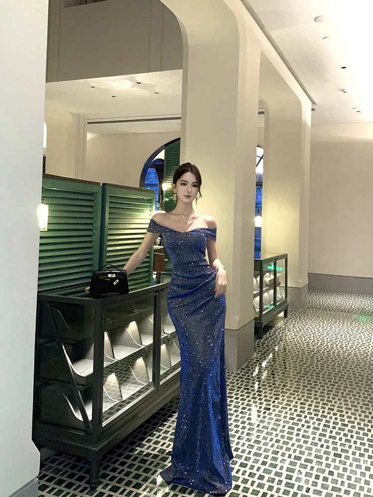 Französisches Mode-Kleid in Blau, Sexy Schulterfreies Kleid mit Schlitz, Kurzärmeliges Plissiertes Kleid, Damen Geburtstagsparty Abendkleid Langes Kleid – Detail 1