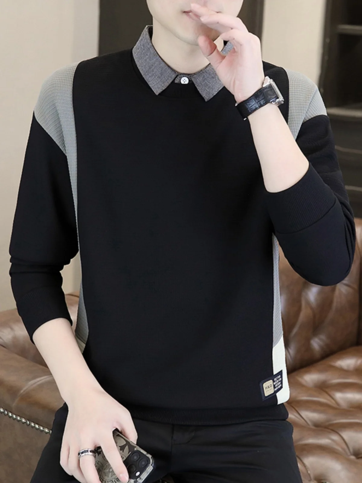 

Men's Knitted irt Collar Slim Fit Base Layer Sweater Casual Haome Long Sve Polyester Fabric Autumn Faion Ci Wear