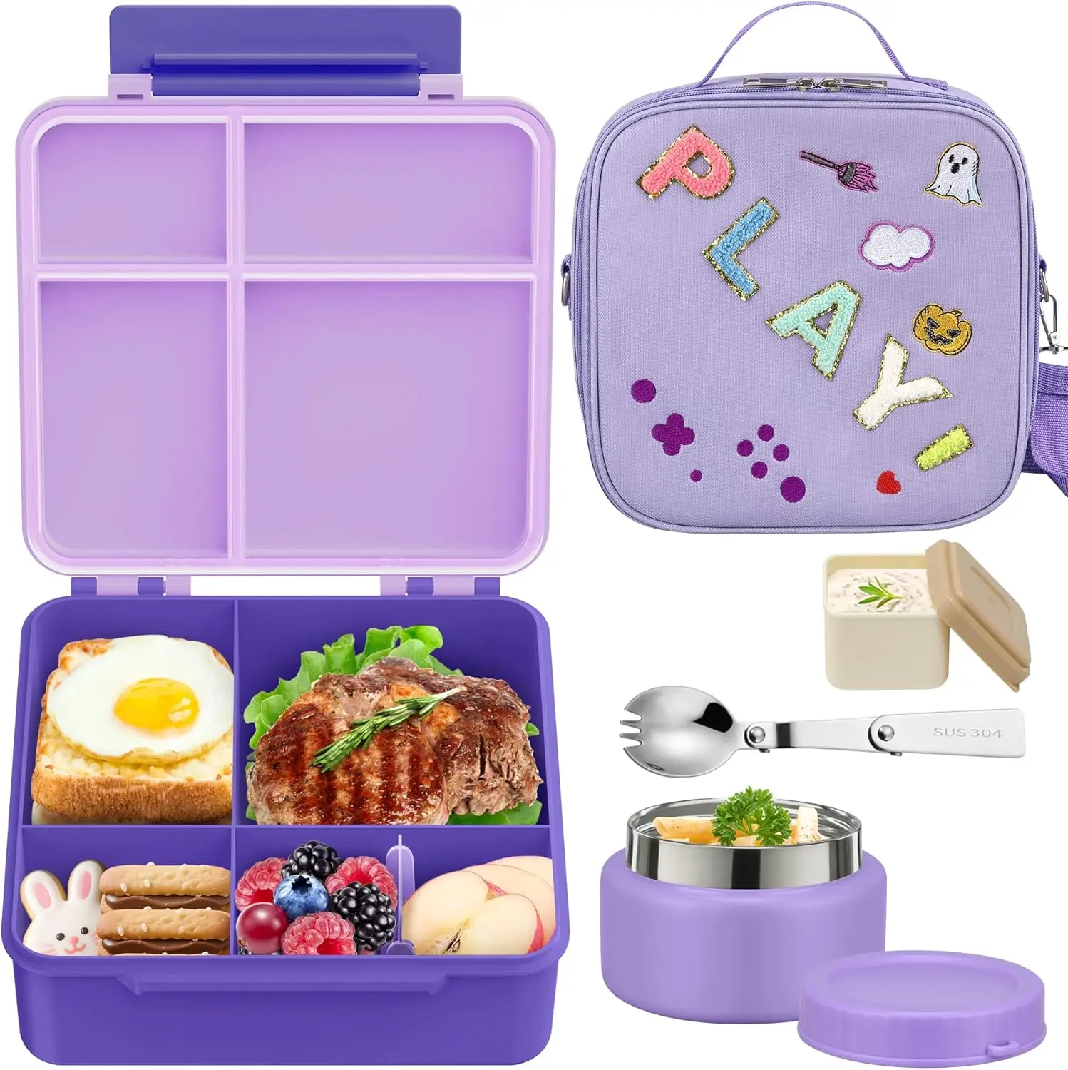 

Kids Bento Lunch Box with 9oz Soup Thermo, Kids Leakproof Lunch Food Containers with 4 Compartment