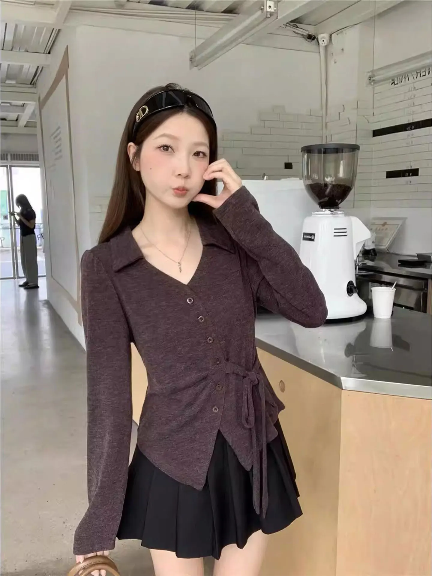 

Женская удлиненная блузка с воротником-стойкой, больших размеров, весна 2026, с поясом, приталенная, базовый слой, в корейском стиле, для повседневной носки