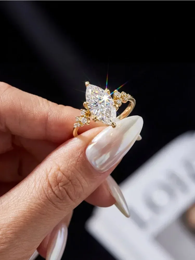 Klassischer, eleganter 2CT Spitzen-Marquise-Moissanit-Ring für Damen, 925er Sterlingsilber, Verlobungsring, luxuriöser, hochwertiger, edler Schmuck – Detail 2