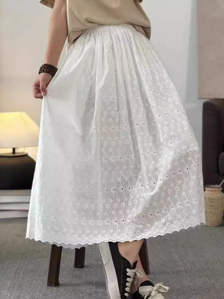 New Summer Cotton A-Line Skirts Women Elastic Waist Embroidery Hollow Out Skirt Mori Girl Retro Sweet Skirt 2024 Autumn B46241QM