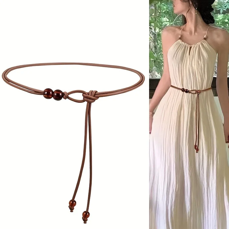 1pc Women's Adjustable Slim Belt with Brown Bead Accents Waist Cincher for Dresses Shirts Jackets Day-to-Night Style Enhancer