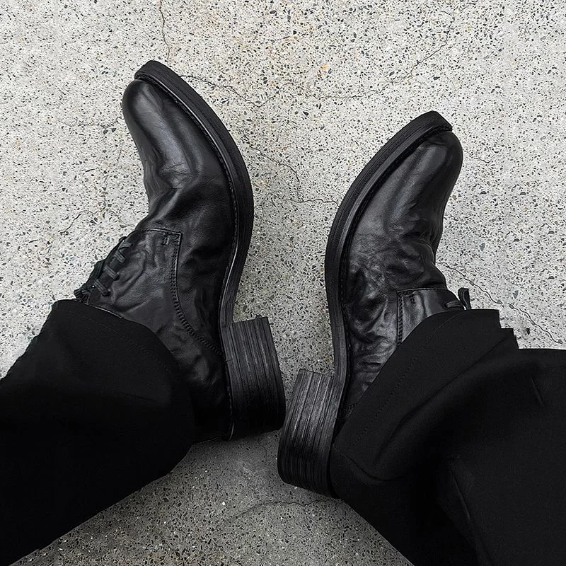 Pointed Toe Outdoor Leather Shoes Spring Cover Heels Loafers Black Lace-up Men Shoes Fashion Design Shoes