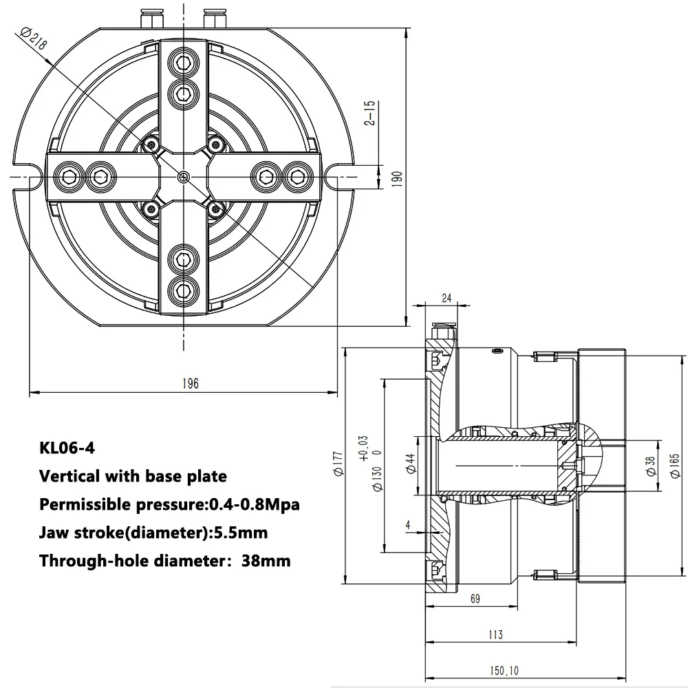 KL06Q-4 Vertical Hollow Pneumatic Chuck Power Chuck Fixtur 6 Inch 165mm For Drilling Milling Tapping Machine Vertical Lathe