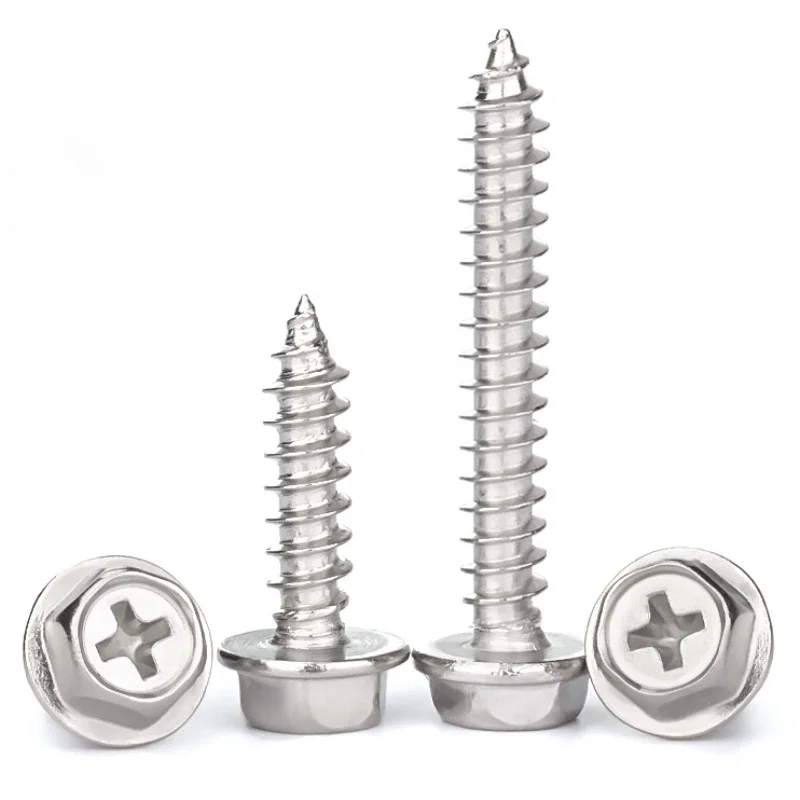 1-10pcs 304Stainless Steel M3 M4 M5 M6 M8 M10 Self-Tapping Phillips Hex Screw Cross Hexagonal Flange Cross Head Screws Wood Nail