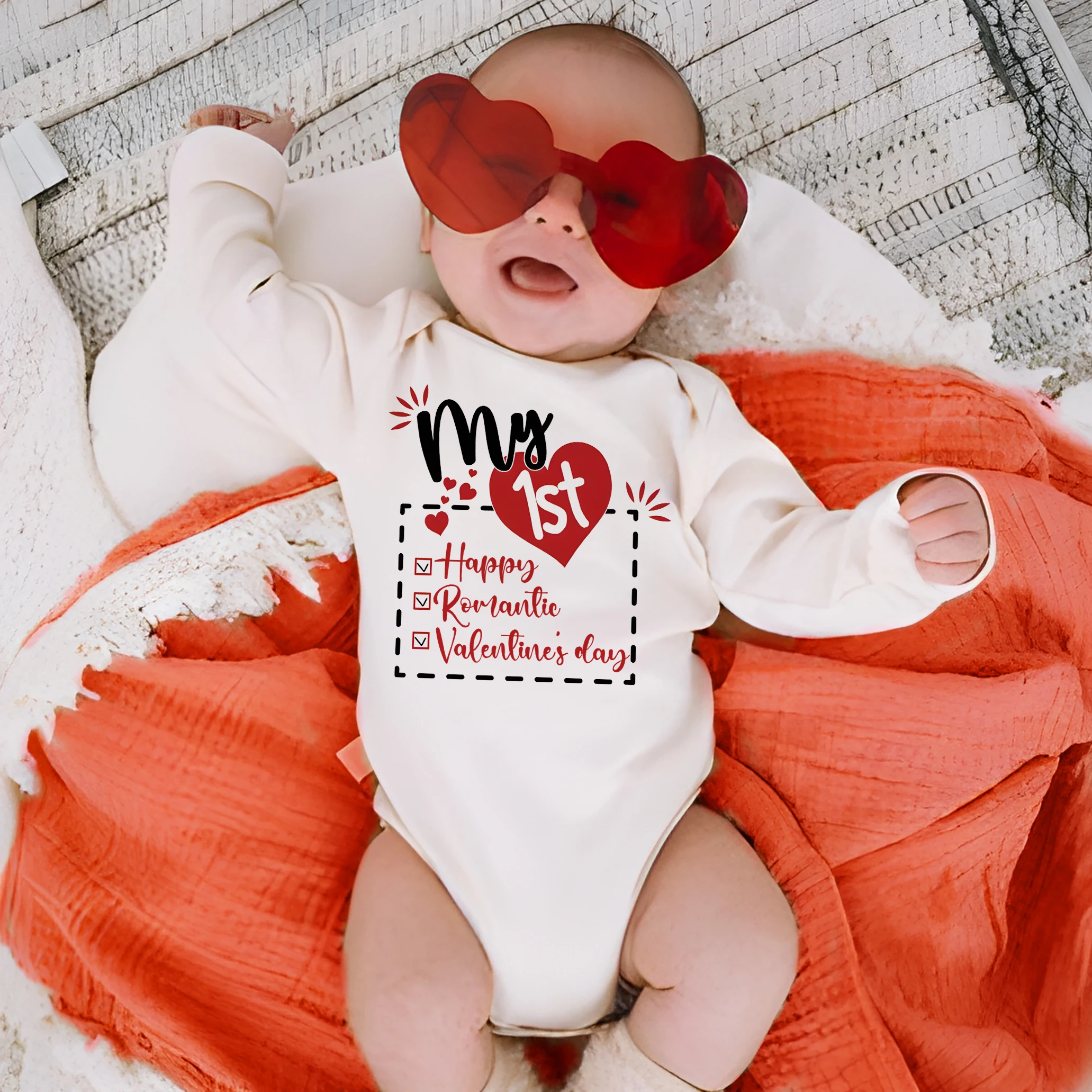 

My First Happy Romantic Valentines Day Baby Bodysuit Valentine Newborn Outfit Romper Infant Long Sleeve Jumpsuit Holiday Clothes