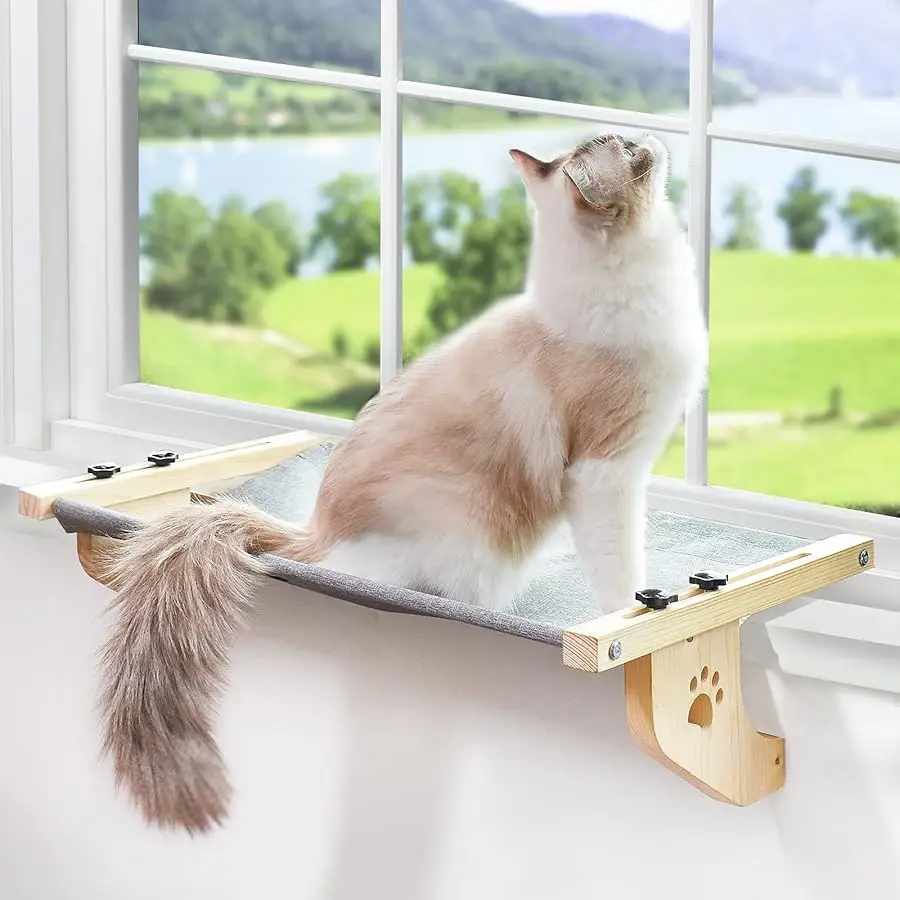 

AMOSIJOY Cat Sill Window Perch Sturdy Cat Hammock Window Seat with Wood & Metal Frame for Large Cats, Easy to Adjust Cat Bed for