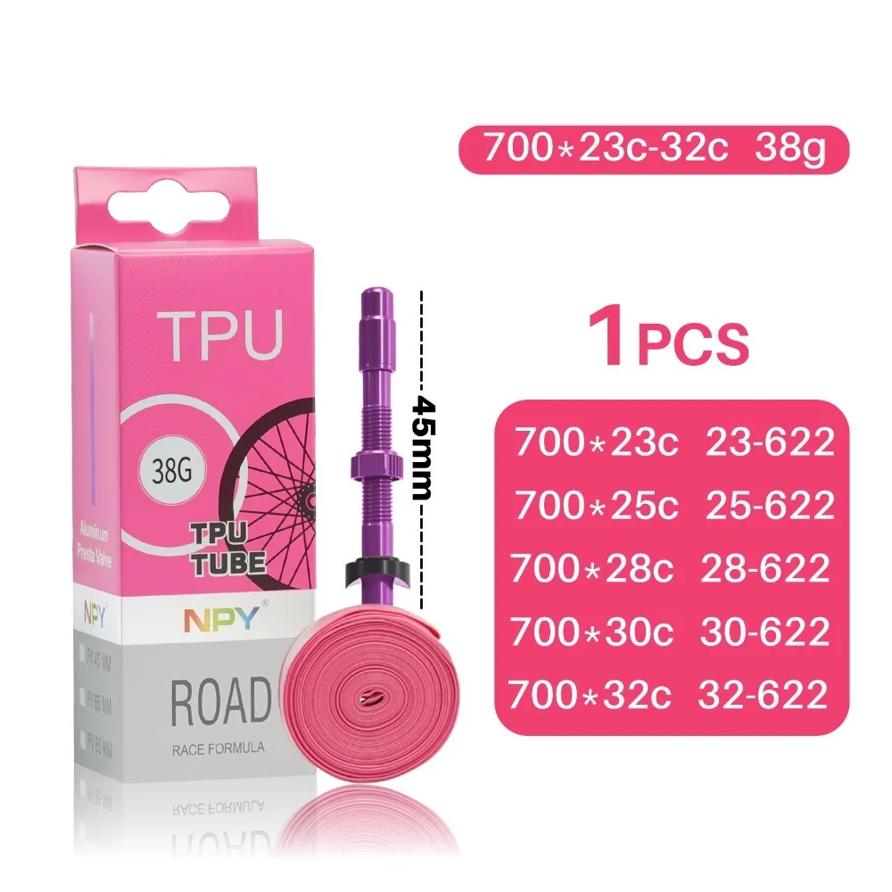 

French Valve NPY Bike Inner Tube Aluminum Alloy Valve 700x23-32c Tpu Inner Tube Puncture Resistant Pink MTB Tire For 26in Tire