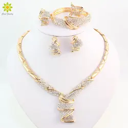 Wholesale Fashion Gold Color Alloy Rhinestone Wedding Jewelry Sets Necklace Bracelet Ring Earrings For Women Bridal