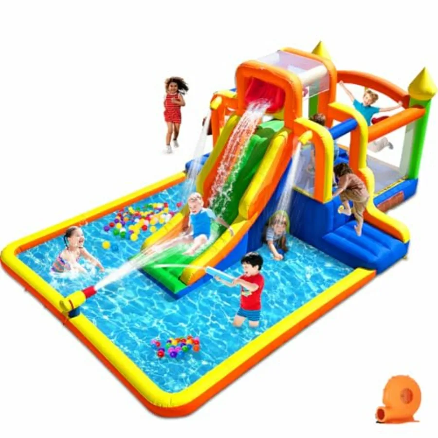 

Water park bounce house for outdoor use, PVC material, blue and yellow, 19x13FT with 3 climbing walls, jumbo pool, 99 slide, ba
