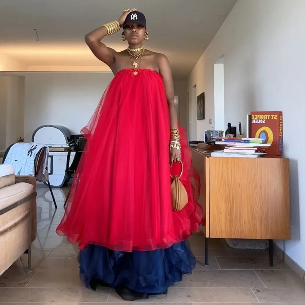 Vestidos de tule vermelho e azul marinho para mulheres, vestidos de festa de verão, sem alças, camadas, vestido de aniversário para meninas