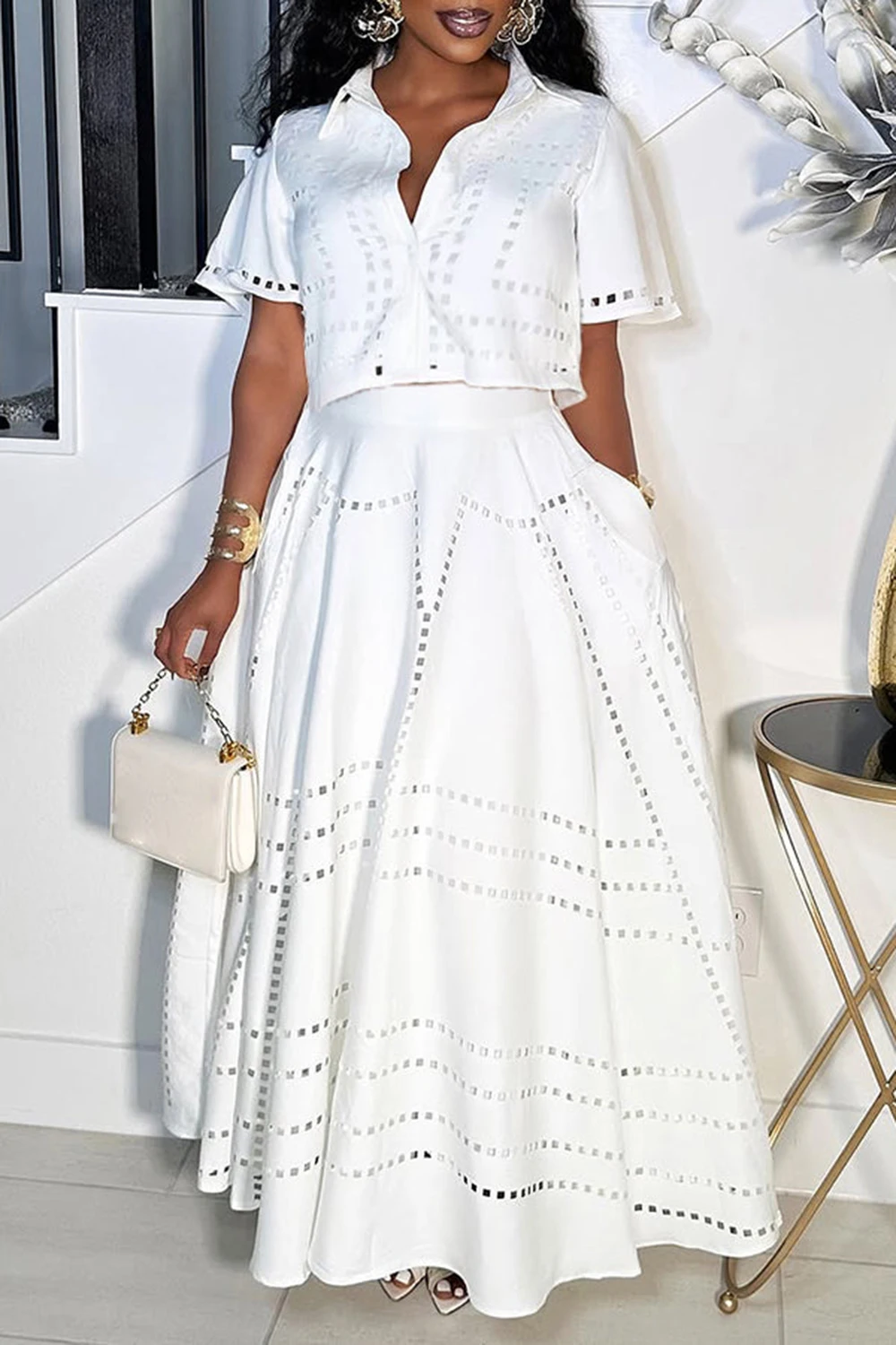 

Plus Size Vacation White Shirt Collar Short Sleeve Cut Out Pocket Two Piece Skirt Sets