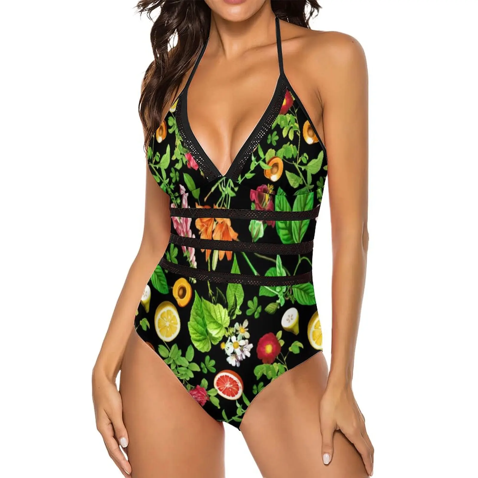 

Colorful Fruit Print Swimsuit Green Leaves One Piece Swimwear Push Up Fashion Monokini Sexy Holiday Swim Pattern Beach Wear