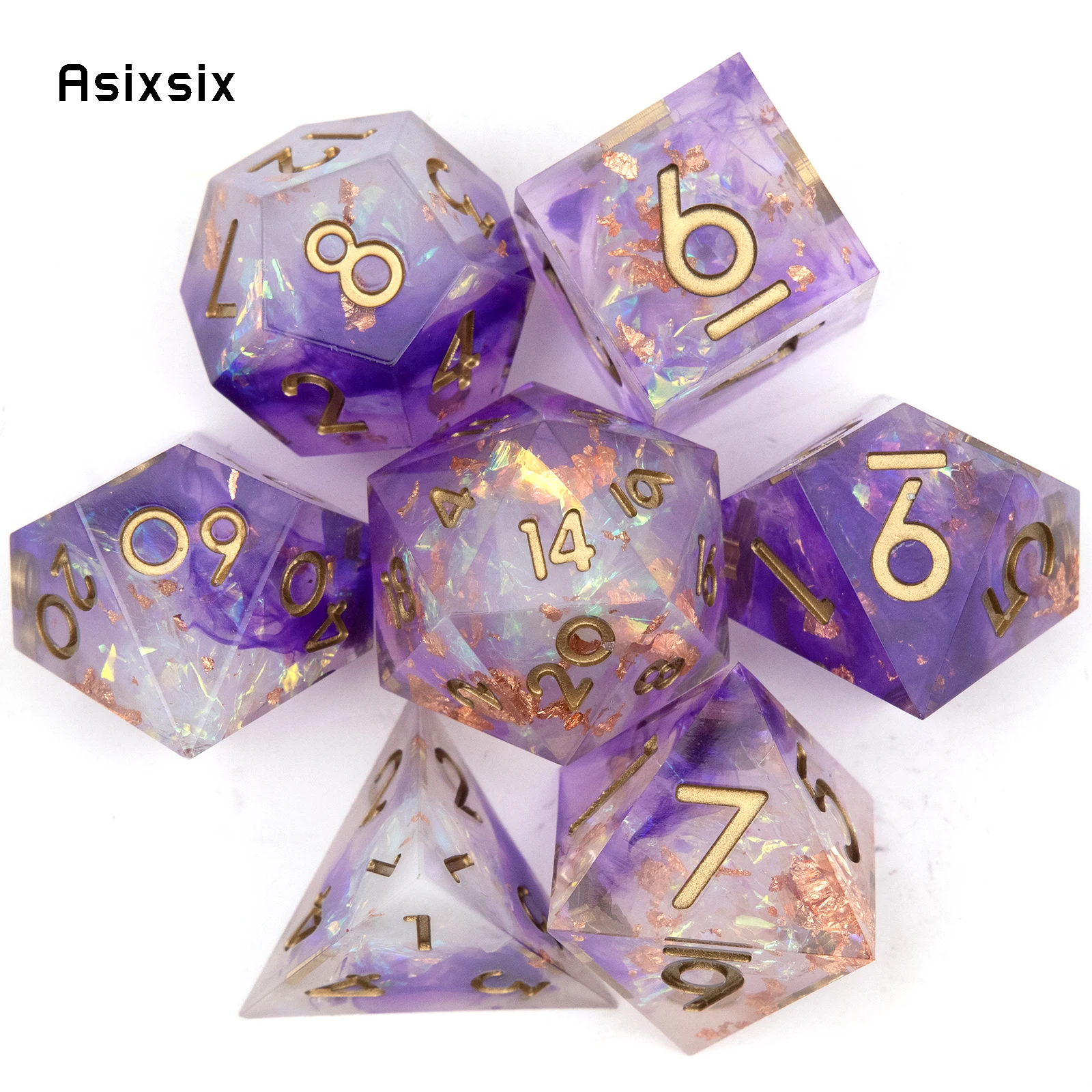 7 Pcs Purple White Resin Golden Number Sharp Edge Dice Polyhedral Dice Suitable for Role-Playing RPG  Board Game