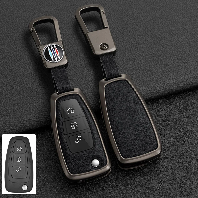 

Zinc Alloy+ Leather Car Key Case Cover for Ford Ranger C-Max S-Max Focus Galaxy Mondeo Transit Tourneo Custom Flip Remote Key