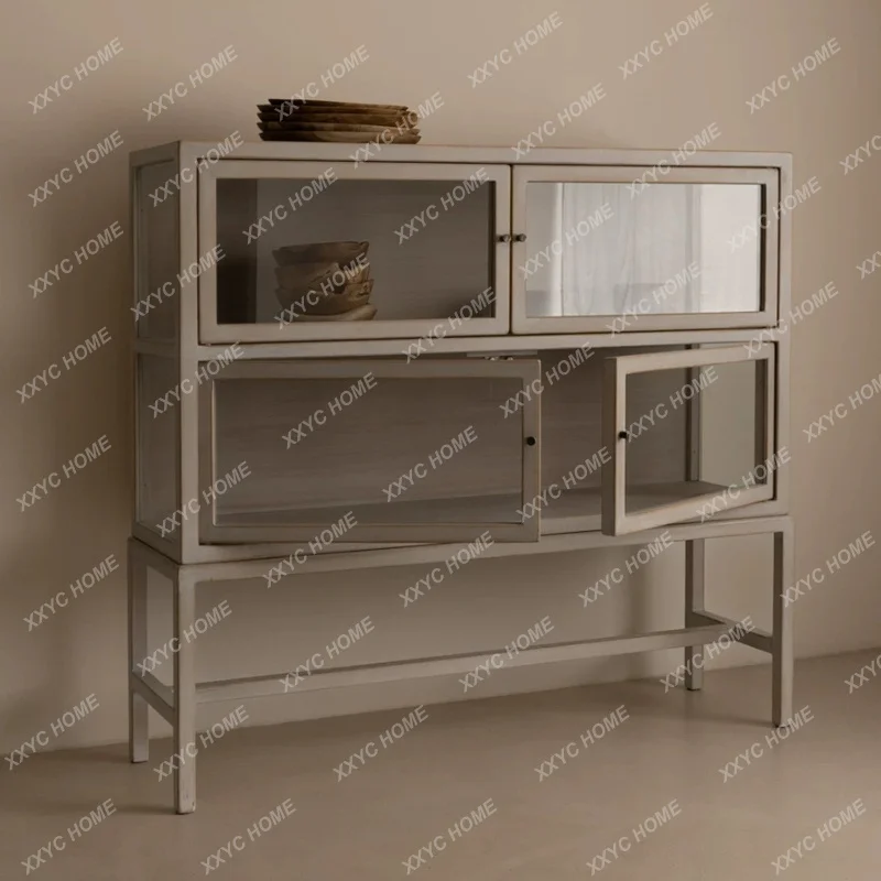 Retro simple solid wood bookcase Home display case Modern glass cabinet Study figure cabinet Jewelry cabinet