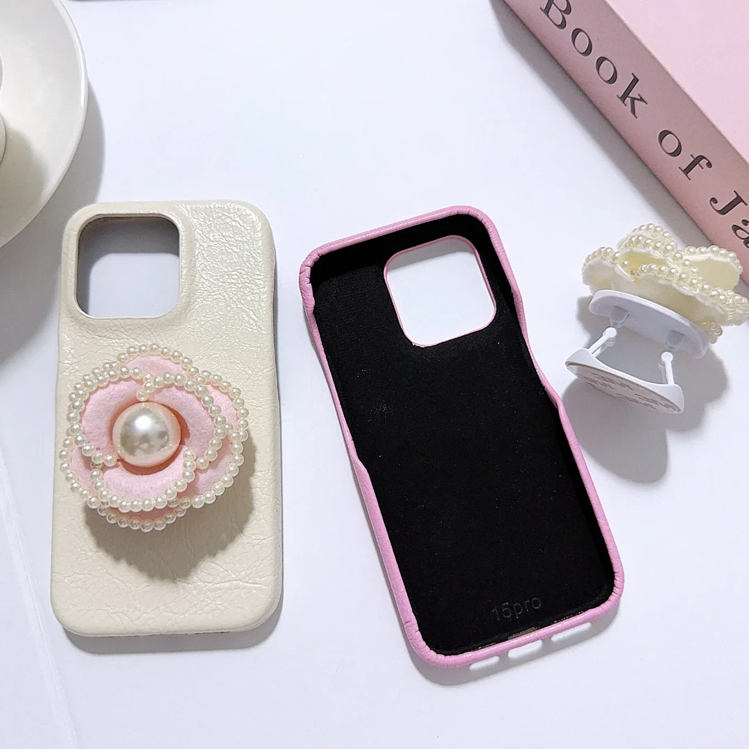 

3D Pearl flower bracket Phone Holder PU leather Case for iPhone 16 15 14 Phone Cover 13 12 11 Pro MAX Hard Shockproof Back Funda