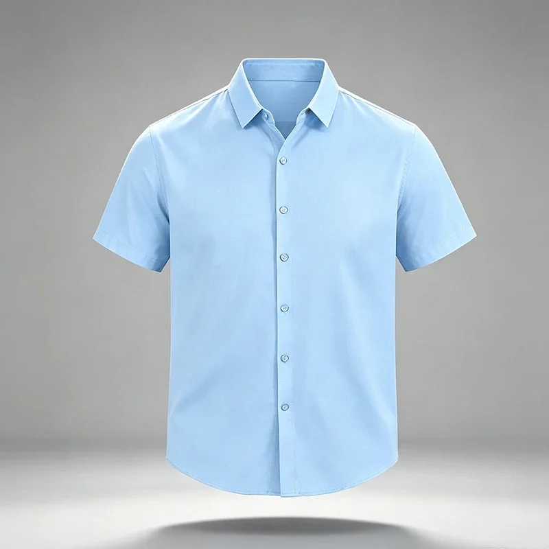 Male Office Short Sleeve Dress Shirt Turn Collar Wrinkle Free Fabric Clean Cut Ideal For Interview Work And Social Occasions