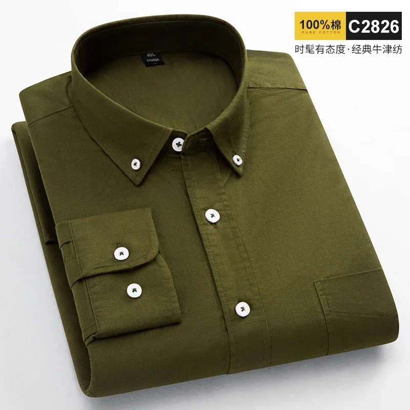 Camisas Oxford de manga comprida para homens, camisas casuais, cor sólida, estilo coreano, roupa para homens jovens, 100% algodão, tendências da moda, novas