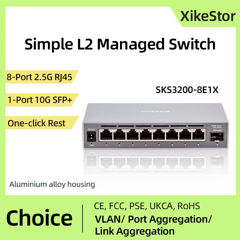 XikeStor 2.5G Simple L2 Managed 8-Port 2.5G RJ45 1-Port 10G SFP+ Ethernet  Support VALN/ Port Aggregation One-click