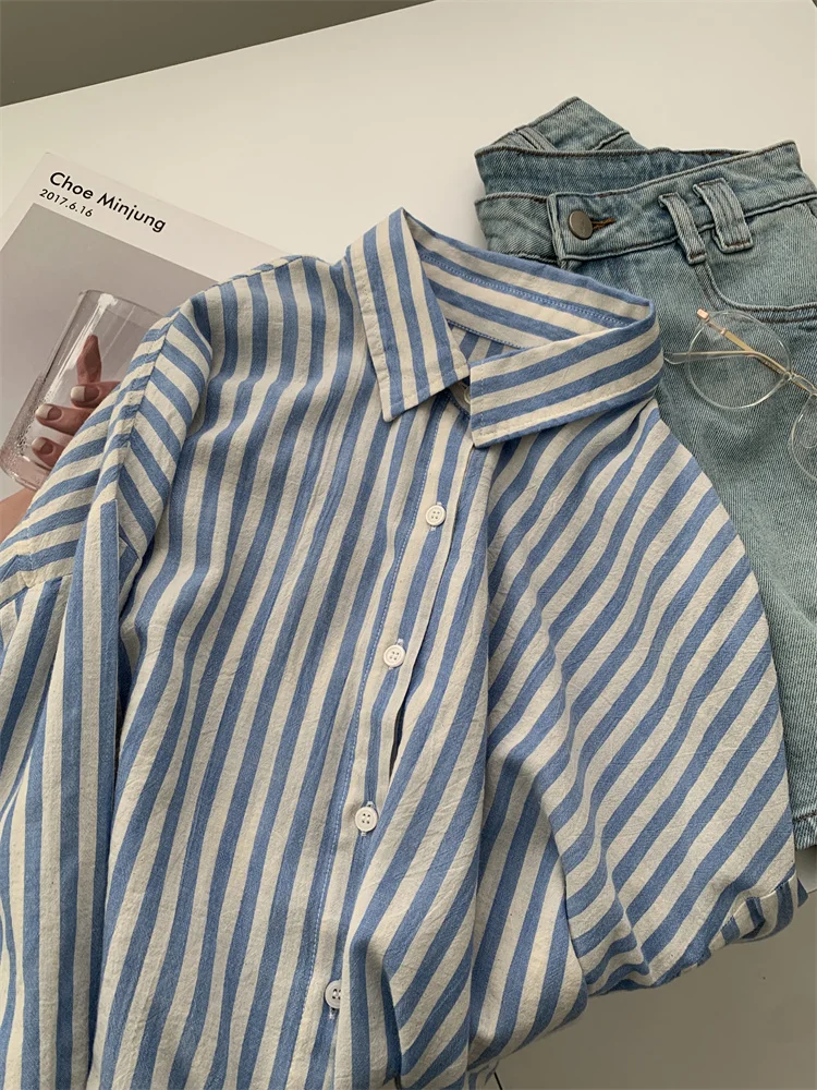 Blue Linen Striped Shirt for Women in Summer, Thin Sagging, Lazy and Slimming, Sun Blouse