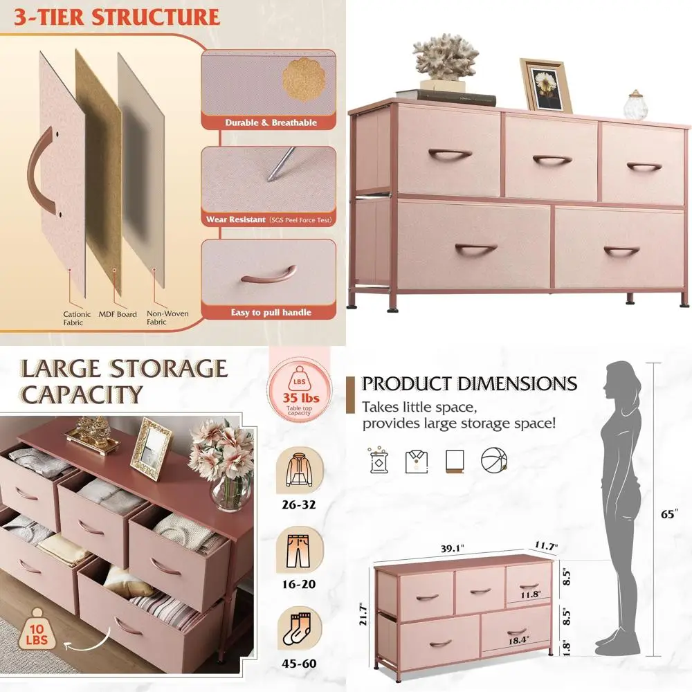 

Комод для спальни с 5 ящиками, широкой тумбой, тканевыми ящиками и тканевыми контейнерами для организации хранения в шкафу, розового и розово-золотого цветов