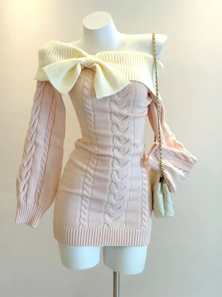 

Французское вязаное платье с открытыми плечами и завязками, облегающее, с завышенной талией, для осени и зимы