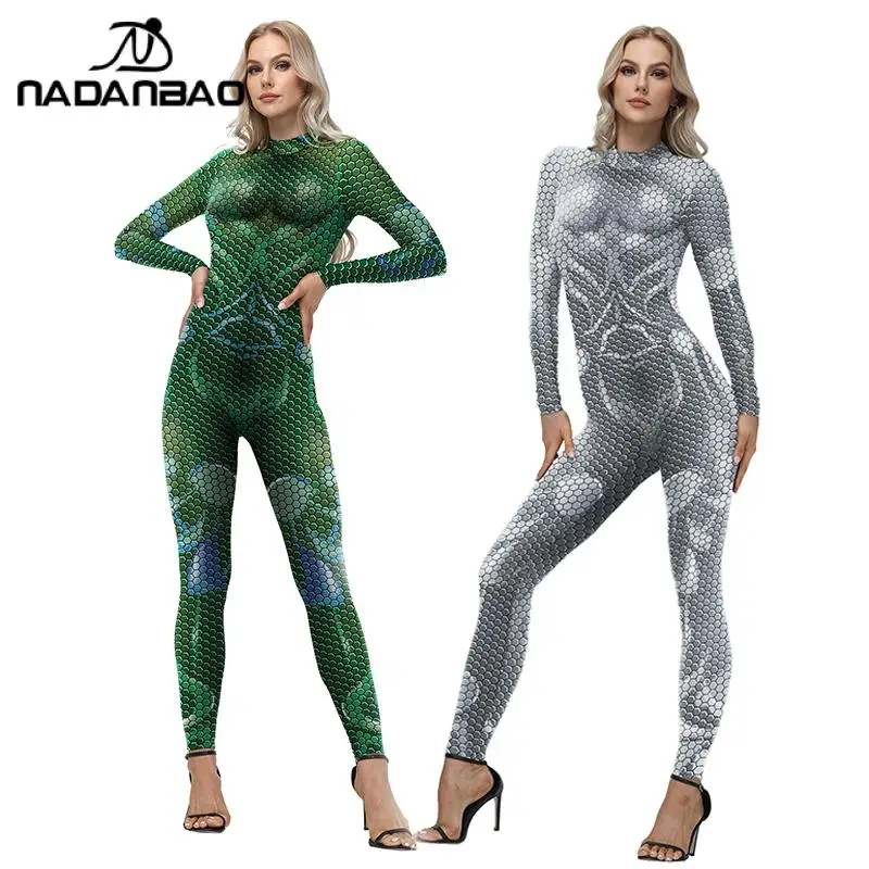 Nadanbao Women 3D Cellular Print Jumpsuit Green Silver Long Sleeve Bodysuit Fashion Slim Stretchy Zentai Halloween Funny Costume