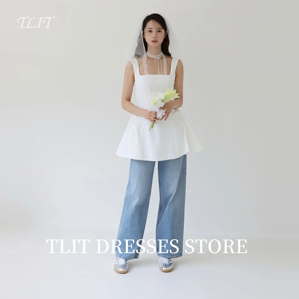 

TLIT Simple White Taffeta Short Evening Dresses Wide Spaghetti Strap Bridal Gowns Korea Wedding Dresses Photo Shoot Customized