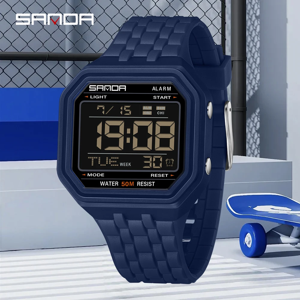 

2026 SANDA new 6366 retro block sports electronic watch, fashionable men's 50 meter waterproof night light multifunctional watch