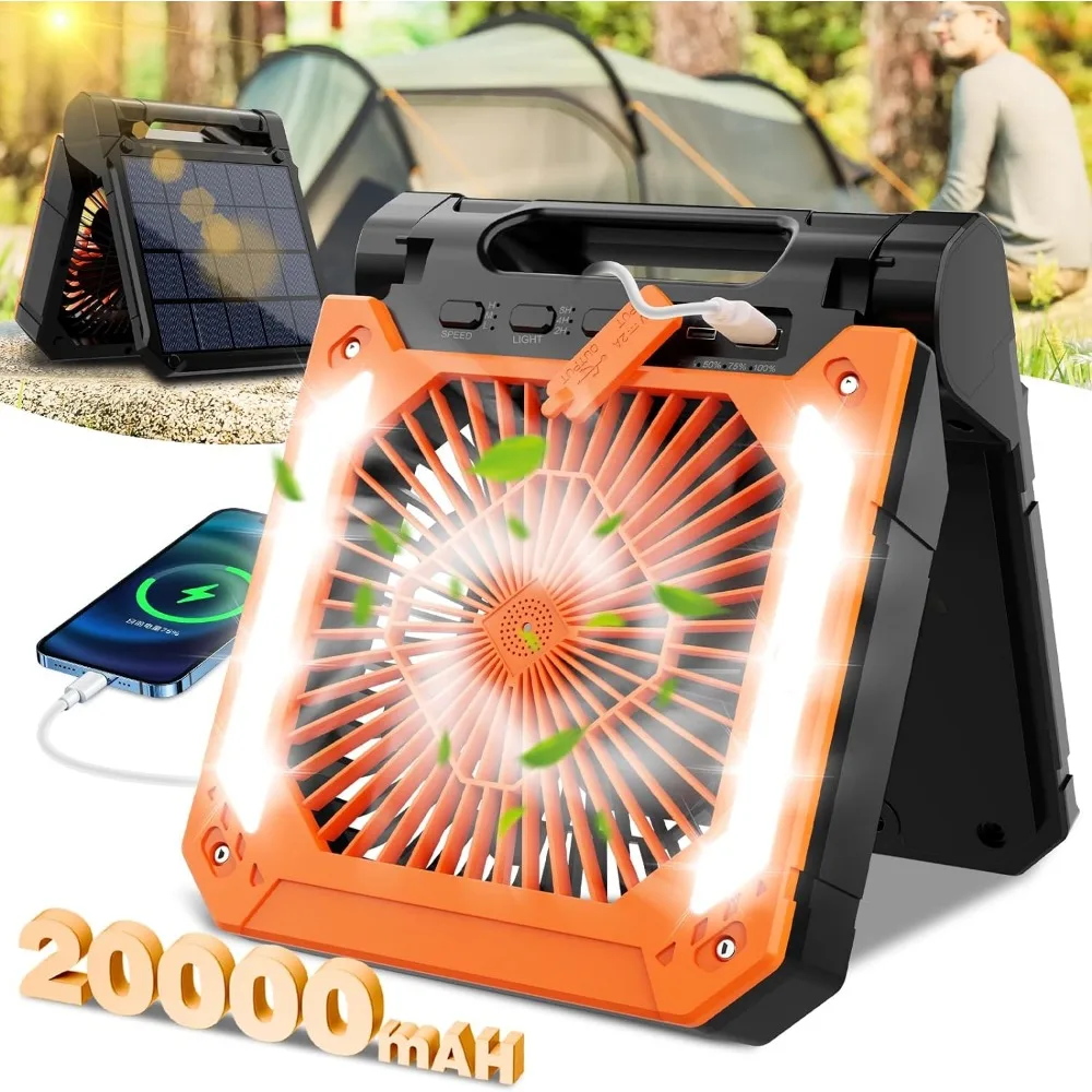 

Desktop fan 20000mAh solar cell with LED and SOS flash, 3-speed suspended USB charger port handheld fan